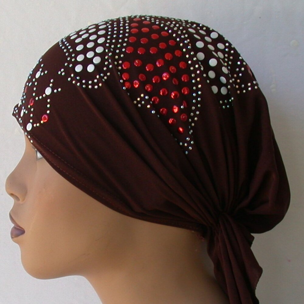 BROWN Pre-Tied Stud Chemo Cap Slip On Bonnet Hijab Undercap #3